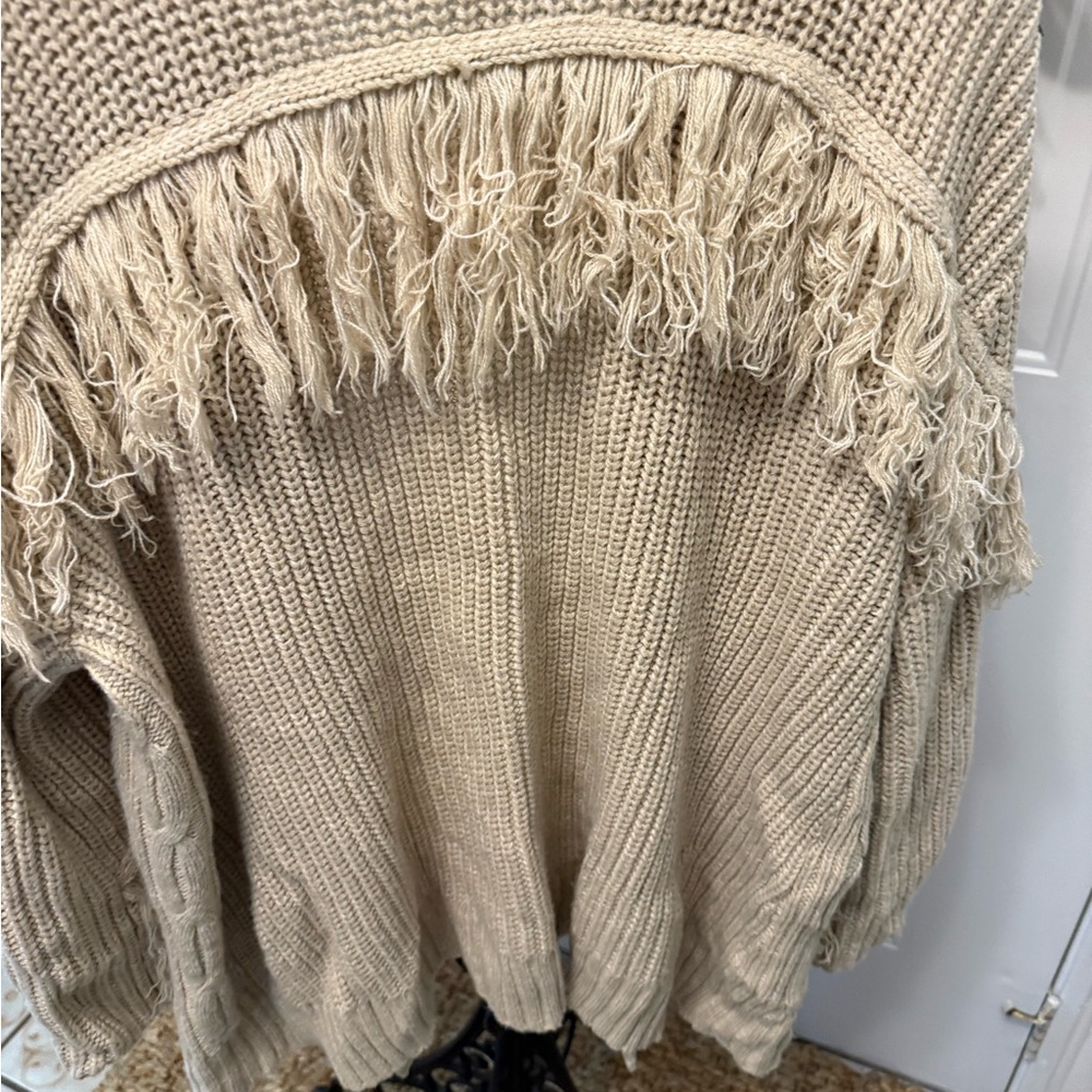 Cato Boho Beige Chunky Cable Knit Open Front Cardigan Sweater w Fringe 22W 24W - Picture 8 of 9